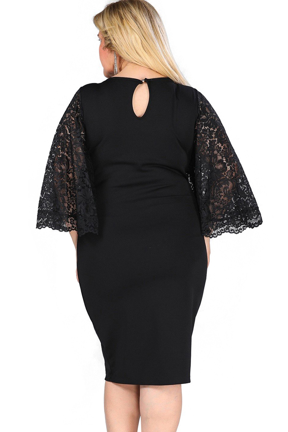 BY610518-2 BLACK LACE FLUTTER SLEEVE PLUS SIZE BODYCON DRESS